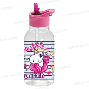 BOUTEILLE A EAU EN PLASTIQUE AVEC PAILLE 460ML LICORNE