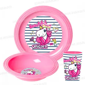 SET DE 3 PIECES GOBELET, BOL ET ASSIETTE EN PLASTIQUE LICORNE
