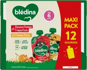 GOURDES FRUITS POMMES POIRES BANANES BLÉDINA