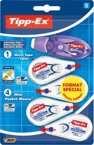 LOT DE 5 : 4 MINI SOURIS CORRECTRICES + 1 MICRO TAPE TWIST TIPP-EX