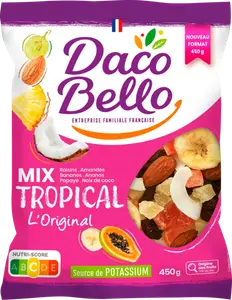 Mélange de raisin, amande, banane, ananas, papaye et coco