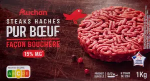 STEAKS HACHÉS PUR BOEUF FAÇON BOUCHÈRE 15% M.G. SURGELÉS AUCHAN