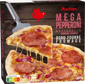 PIZZA MEGA PEPPERONI MOZZARELLA OIGNONS ROUGES SURGELÉE AUCHAN