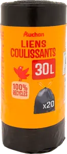 AUCHAN Sacs poubelle à liens coulissants 30L 20 sacs