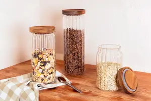 BOCAL STRIÉ 0.70 L AVEC COUVERCLE EN BOIS ACTUEL