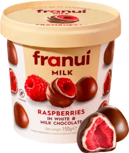 FRAMBOISES GLACÉES ENROBÉES DE CHOCOLAT BLANC ET CHOCOLAT FRANUI
