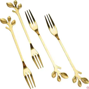 LOT DE 4 FOURCHETTES À DESSERT DORÉES EN ACIER INOXYDABLE STYLE VINTAGE