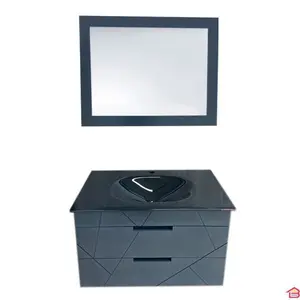 Meuble Sdb Penta 80cm Noir Mdf Avec Vasque Verre