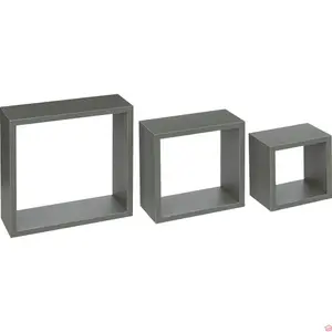 LOT DE 3 ÉTAGÈRES MURALES CUBES DÉCORATIVES EN MDF VERT DE GRIS 15, 20 ET 25 CM