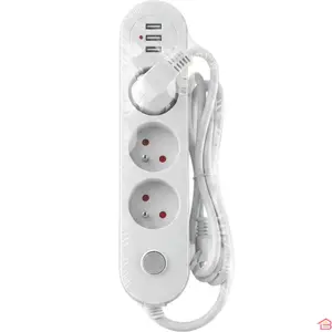 BLOC MULTIPRISE ÉLECTRIQUE BLANC 3 PRISES 2P+T 6 AMPÈRES AVEC 2 PORTS USB ET INTERRUPTEUR MARCHE ARRÊT