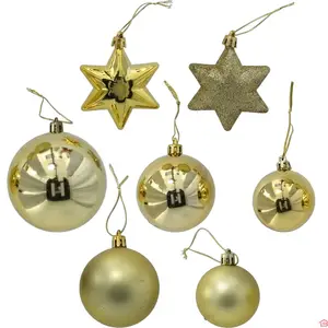 LOT DE 15 SUSPENSIONS DE NOËL DORÉES EN PVC 5 CM BOULES ET ÉTOILE DÉCORATIVES POUR SAPIN DE NOËL