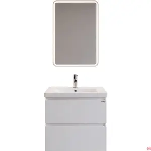 Meuble de Salle de Bain 80 X 45 Cm en Pvc 15 Mm à 2 Tiroirs Pinto Blanc Avec Miroir Led Rectangulaire