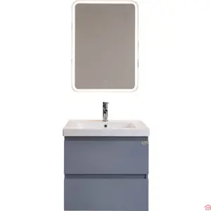 MEUBLE DE SALLE DE BAIN 80 X 45 CM EN PVC 15 MM À 2 TIROIRS PINTO GRIS AVEC MIROIR LED RECTANGULAIRE