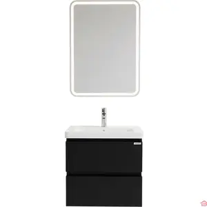 MEUBLE DE SALLE DE BAIN 80 X 45 CM EN PVC 15 MM À 2 TIROIRS PINTO NOIR AVEC MIROIR LED RECTANGULAIRE