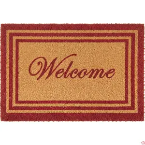 TAPIS BROSSE D’ENTRÉE 40 X 60 CM ANTIDÉRAPANT AVEC MESSAGE WELCOME MARRON ET BORDURES ROUGES