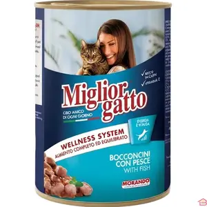 NOURRITURE HUMIDE POUR CHAT ADULTE MIGLIOR GATTO BOUCHÉES AU POISSON 400 G MORCEAUX EN SAUCE, ALIMENT COMPLET ET ÉQUILIBRÉ