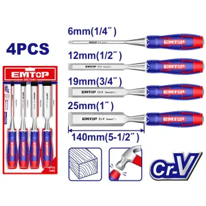 Jeu de 4 Ciseaux à Bois 6 / 12 / 19 / 25 mm – EMTOP EWCT0401