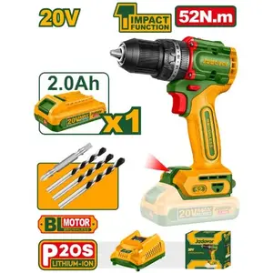 Perceuse à percussion 20V Compacte Brushless 52N.m avec 1 Batt 2,0Ah+Chargeur JDCDP5282