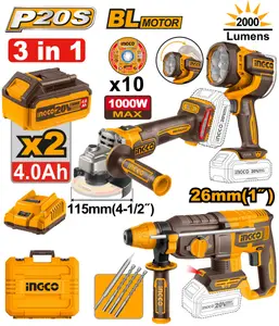 Kit combo sans fil 3 pièces INGCO 20V (marteau perforateur + meuleuse d'angle + lampe) [COSLI250183]