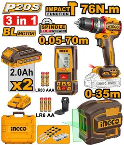Kit combo sans fil 3 pièces INGCO 20V (perceuse à percussion 76Nm + niveau laser + télémètre) [COSLI250511]