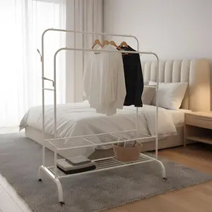 PORTE VETEMENT DOUBLE SUR PIED AVEC CROCHETS ET DEUX ETAGERES