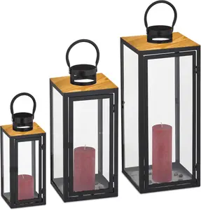 3 LANTERNS POUR BOUGIE EN BOIS/VERRE VES-4606