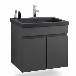 PACK MEUBLE SDB GRIS MATT DEUX PORTES 60CM + VASQUE MATT NOIR