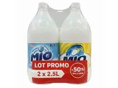 Lot Eau de Javel Mio comprenant 1 bidon Régulier 2,5L et 1 bidon Citron 2,5L à -50%.