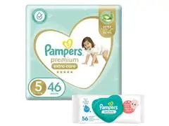 Pack Couches Premium Care Taille 5 (46 Unités) + Lingettes Sensitive Pampers