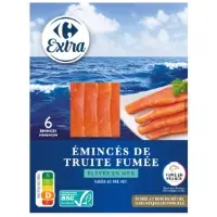 Émincés de truite fumée élevée en mer, salée au sel sec, fumée au bois de hêtre CARREFOUR EXTRA