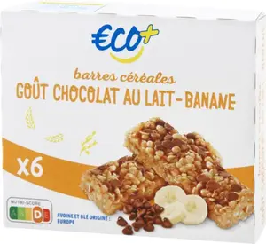Barres céréales goût chocolat lait banane x 6 - 126 g - ECO +