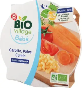 Assiette carotte, pâtes, cumin dès 18 mois bio - 260 g - BIO VILLAGE