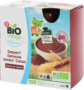 Gourdes dessert semoule cacao dès 8 mois bio - 4 x 85 g - BIO VILLAGE