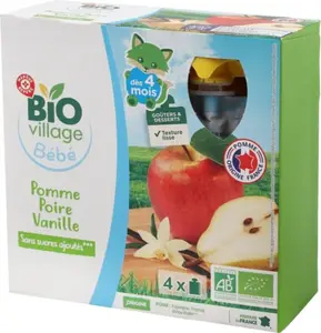 Gourdes sans sucres ajoutés pomme poire vanille dès 4 mois bio - 4 x 90 g - BIO VILLAGE