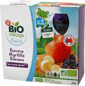 Gourdes sans sucres ajoutés pomme banane myrtille dès 4 mois bio - 4 x 90 g - BIO VILLAGE