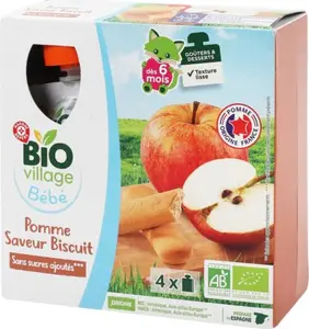 Gourdes sans sucres ajoutés pomme saveur biscuit dès 6 mois bio - 4 x 90 g - BIO VILLAGE