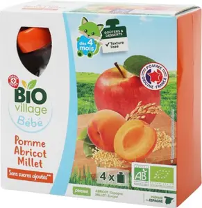 Gourdes sans sucres ajoutés pomme abricot millet dès 4 mois bio - 4 x 90 g - BIO VILLAGE