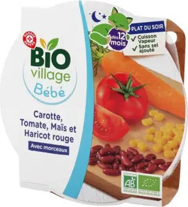 Assiette carotte, tomate, maïs et haricot rouge dès 12 mois bio - 230 g - BIO VILLAGE