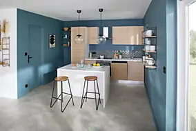 Cuisine complète montée All in Carla L.285 cm avec électroménager + îlot central effet chêne et blanc