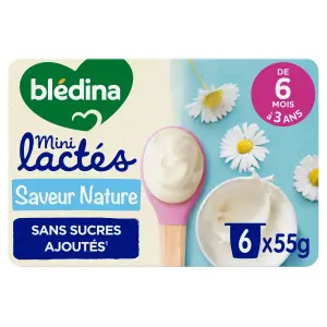 BLEDINA Mini lactés pot dessert nature sans sucres ajoutés dès 6 mois 6x55g