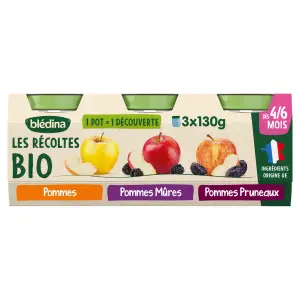 BLEDINA Les récoltes bio petit pot dessert pommes mures pruneaux bio dès 4 mois 3x130g