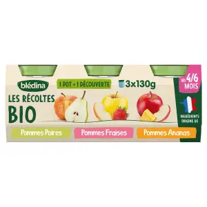 BLEDINA Les récoltes bio petit pot dessert pommes poires fraises ananas bio dès 4 mois 3x130g