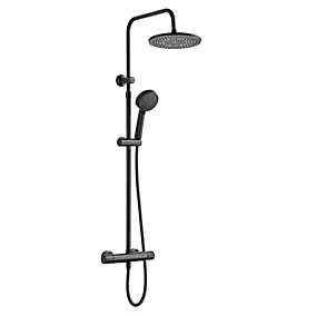 Colonne de douche thermostatique ronde avec douchette, pomme de douche, barre réglable et mitigeur, noir mat, Edouard Rousseau Lueggo