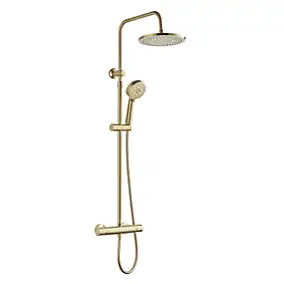 Colonne de douche thermostatique ronde avec douchette, pomme de douche, barre réglable et mitigeur, doré brossé, Edouard Rousseau Lueggo