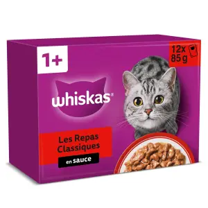 WHISKAS Sachets repas pâtée en sauce viandes et volailles pour chat 12 sachets 12x85g