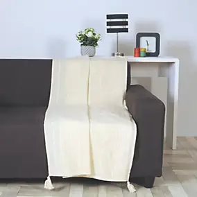 Plaid coton recyclé écru avec pompons L.180 x l.130cm Dylrev
