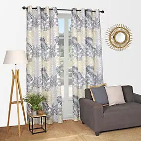 Rideau à œillets effet lin imprimé feuilles et palmiers gris L.240 x l.140cm Dylrev