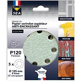 Papier abrasif corindon ø125 mm grain 120 anti-encrassement, lot de 5