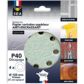 Papier abrasif corindon ø125 mm grain 40 anti-encrassement, lot de 4