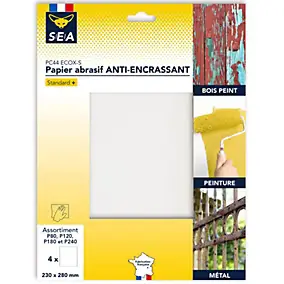 Feuille abrasive 230 x 280 mm grain 80 / 120 / 180 / 240 anti-encrassement, lot de 4